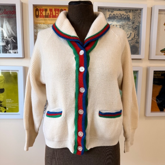 Vintage 70s Handmade Cream Knit Cardigan With Stripe Trim - Picture 1 of 8